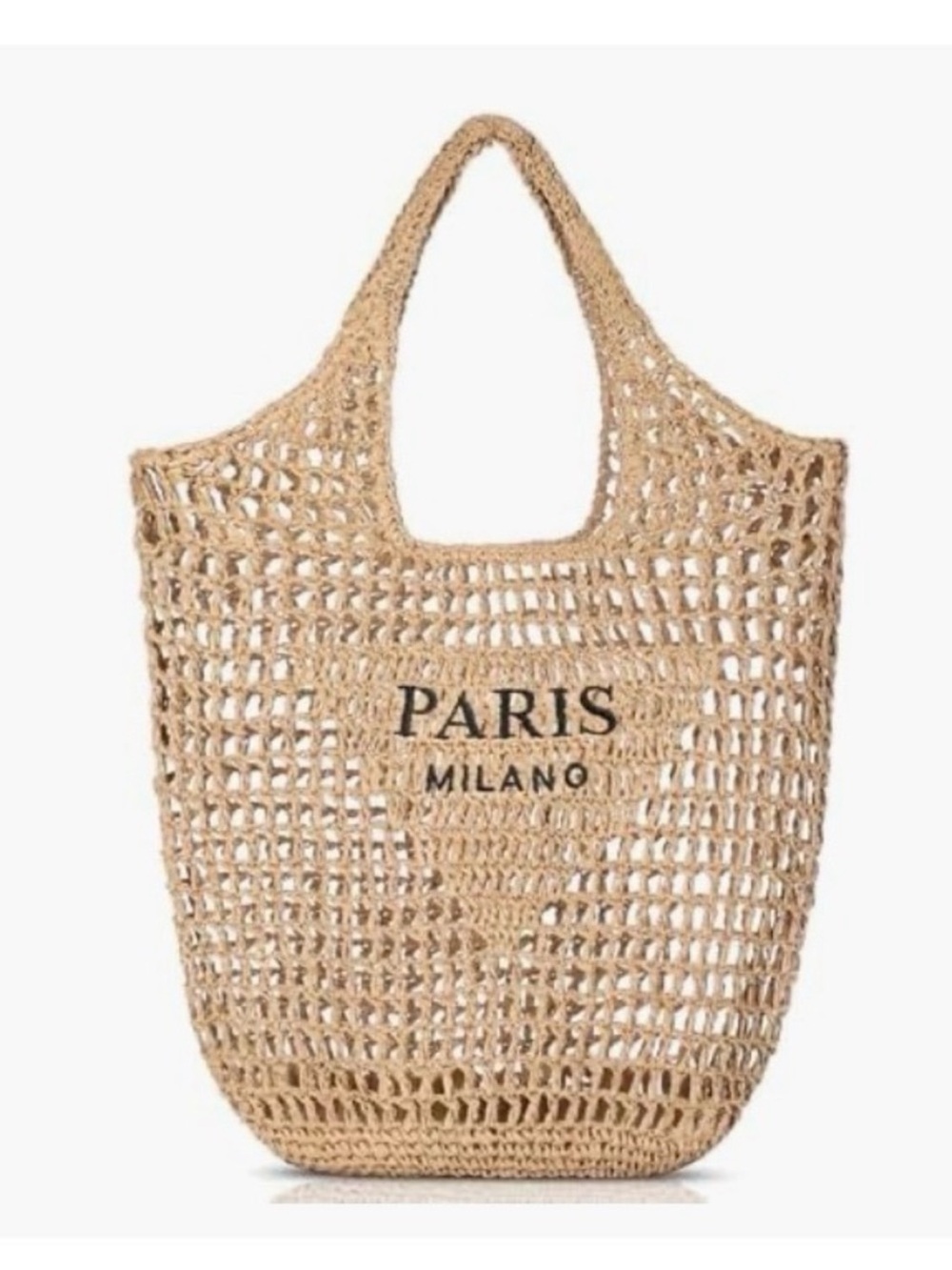 Cute fashion Natural Crochet Tote Bag with 'PARIS MILANO' Print - Natural